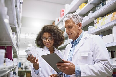 Buy stock photo Tablet, healthcare and pharmacists with medication in chemist for inventory or stock checking. People, internship and mentor with pharmaceutical student for medical research on digital technology