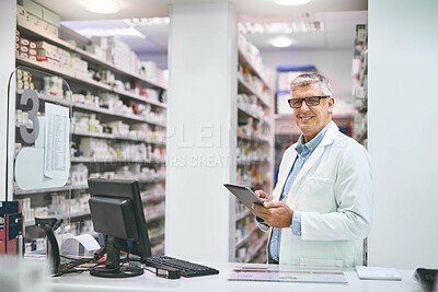 Buy stock photo Pharmacy, medicine and doctor on digital tablet for stock inventory, system and database update in portrait. Mature man or retail pharmacist with technology for virtual, medical and online services