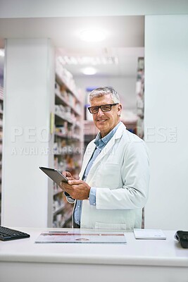 Buy stock photo Pharmacy, medicine and man on digital tablet for stock inventory, system and database update in portrait. Mature doctor or retail pharmacist with technology for virtual, medical and online services