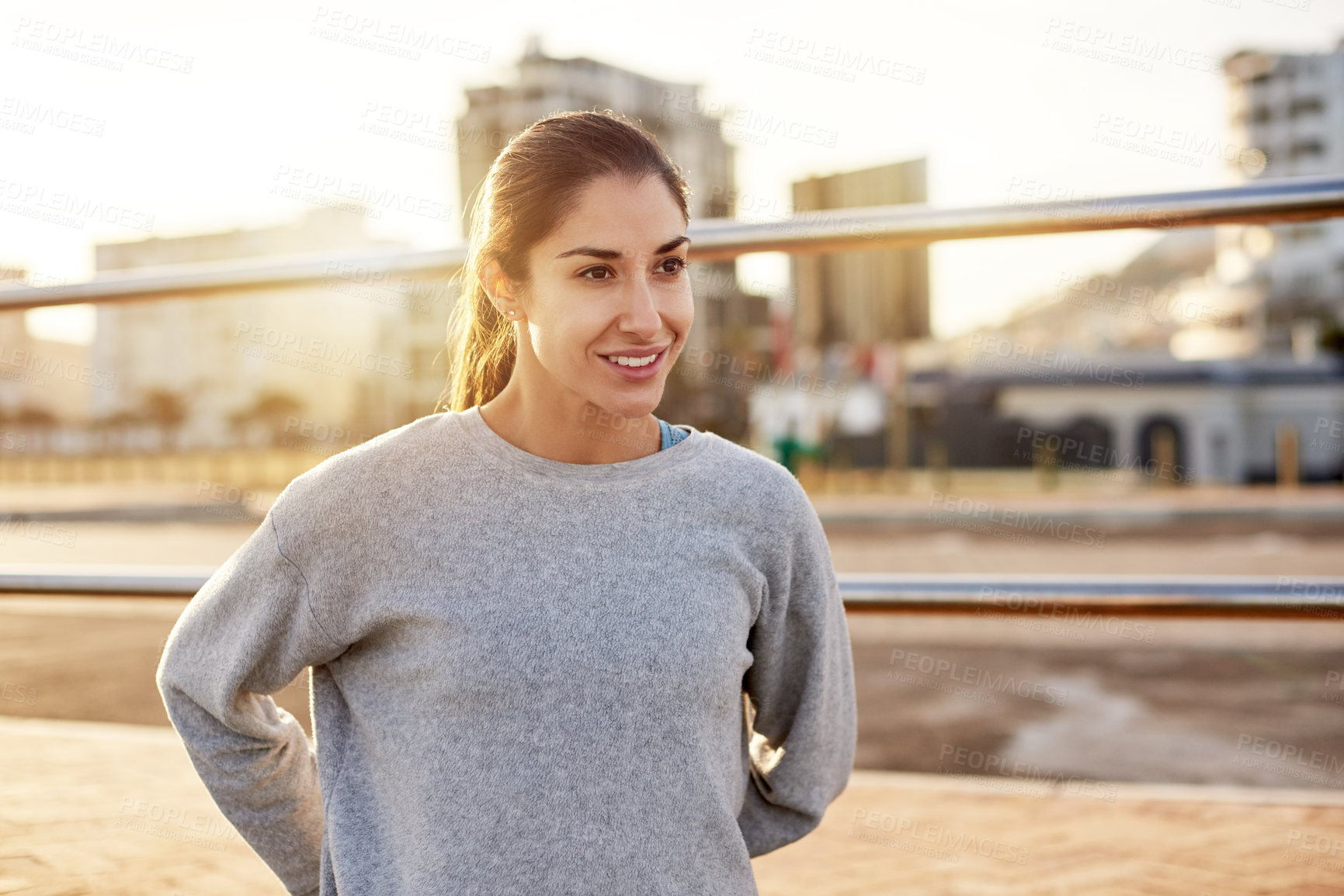 Buy stock photo Outdoor, fitness and woman with training, thinking and wellness with morning routine. Healthy person, athlete and girl in street, daydreaming and exercise with challenge, progress and workout