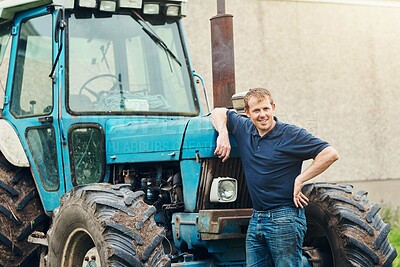 Buy stock photo Farming, portrait and man by tractor in nature outdoor for transportation, maintenance and mowing or planting. Male farmer, agricultural equipment and machine for irrigation, cultivation and plowing.