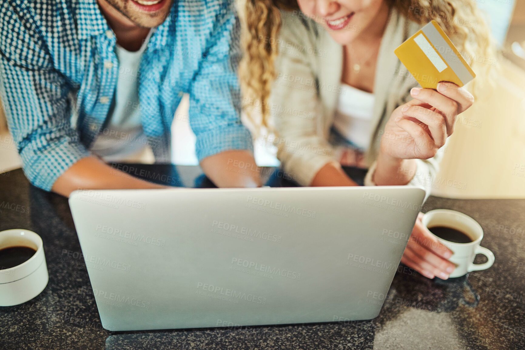 Buy stock photo Happy couple, hands or laptop with credit card for ecommerce, payment or internet banking in kitchen. Closeup, man and woman with debit or computer for app, online shopping or remote transaction
