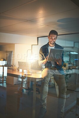 Buy stock photo Night, business and happy man on tablet in office for research project, online website and internet. Professional, company and worker on digital tech working late for planning, networking and email