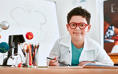 Buy stock photo Portrait, science and writing with boy student in laboratory for education, experiment or research. Glasses, notebook and school with confident child at desk for breakthrough, discovery or innovation