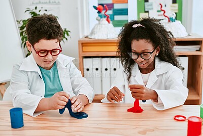 Buy stock photo Boy, girl and slime at school for science, thinking and happy for learning together in classroom. Children, diversity and education for chemical with idea for studying, growth or progress at academy