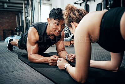 Buy stock photo Workout, personal trainer and people plank for wellness, fitness and training in gym. Healthcare, warm up and friends with exercise, male coach and body performance routine for core muscle goals