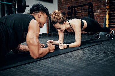 Buy stock photo Exercise, personal trainer and people plank for wellness, fitness and training in gym. Healthcare, warm up and friends with workout, male coach and body performance routine for core muscle goals