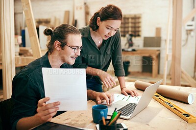 Buy stock photo Carpentry, meeting and people on laptop with paperwork for timber, lumber and furniture business. Collaboration, woodworking and man and woman on computer for online order, teamwork and planning
