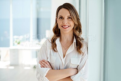 Buy stock photo Business woman, office and portrait with arms crossed, confidence and career pride from company. Entrepreneur, professional staff and happy public relations employee with smile ready for working