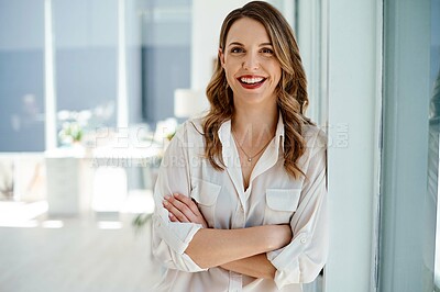 Buy stock photo Business woman, journalist office and portrait with arms crossed, confidence and career pride from company. Entrepreneur, professional writer and journalism employee with smile ready for working