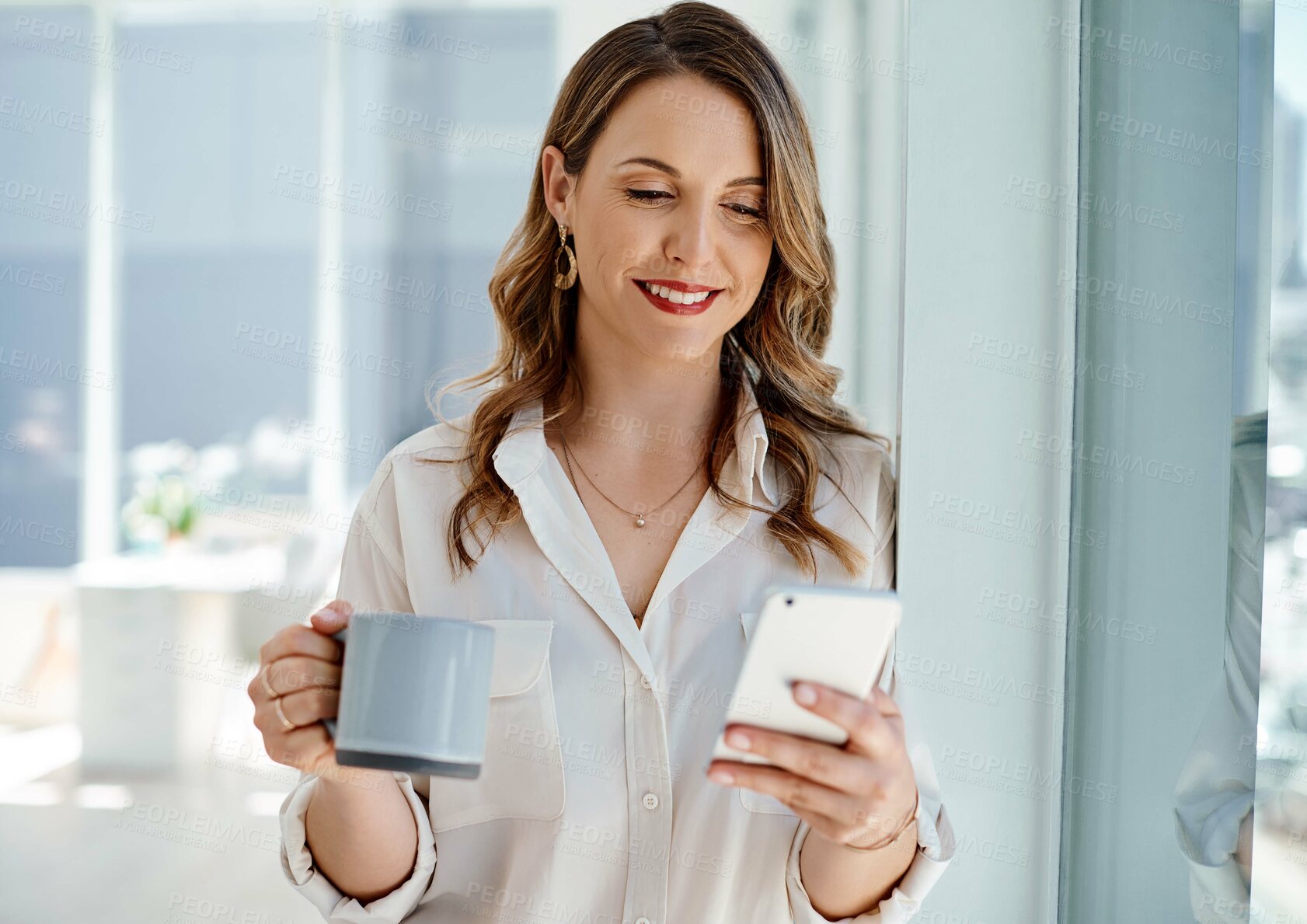 Buy stock photo Coffee, phone and smile with business woman in office for communication, networking or text message. App, break and social media with happy employee drinking beverage in professional workplace