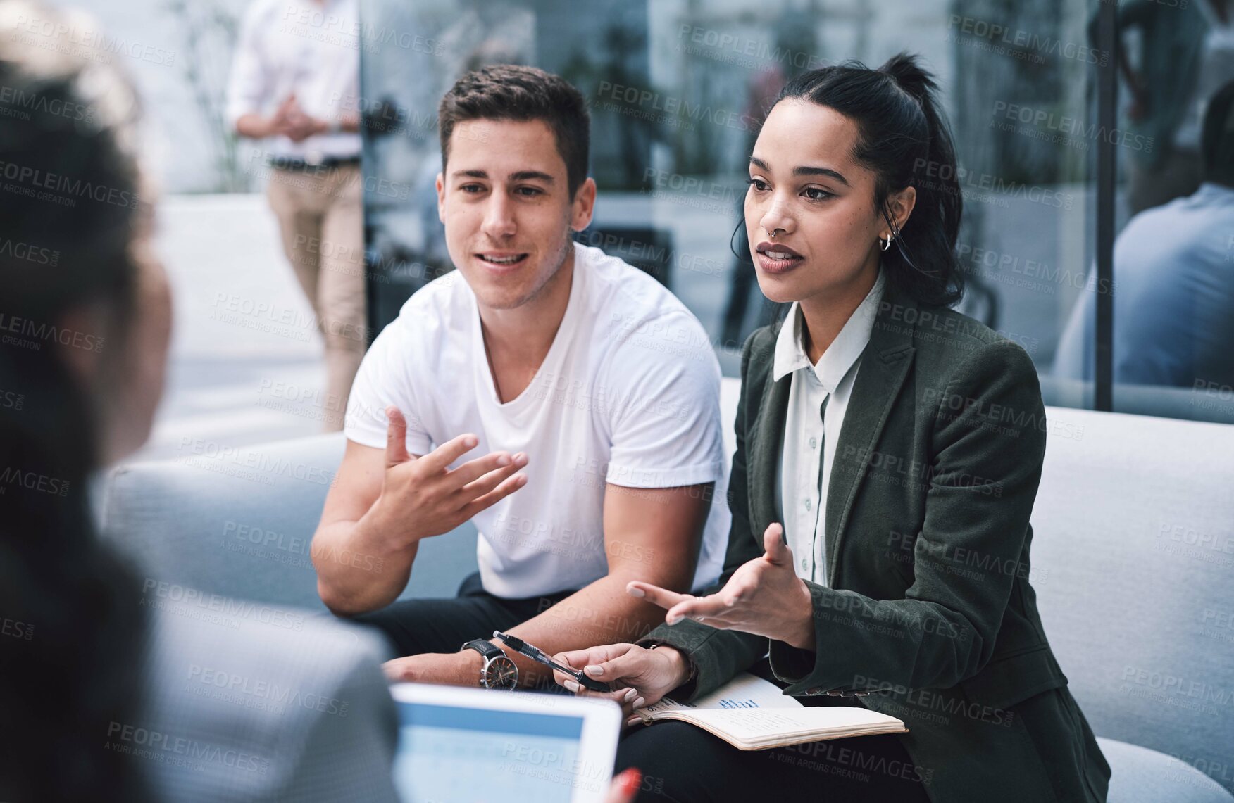 Buy stock photo Discussion, smile and group in meeting, cafe and creative for business, publicist and happy with notebook. Teamwork, man and woman with ideas, pitching and preparing for press release in coffee shop