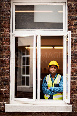 Buy stock photo Portrait, man and engineer with confidence by window of building maintenance, development and labor. Proud, person and arms crossed for engineering ambition, industrial experience and renovation site