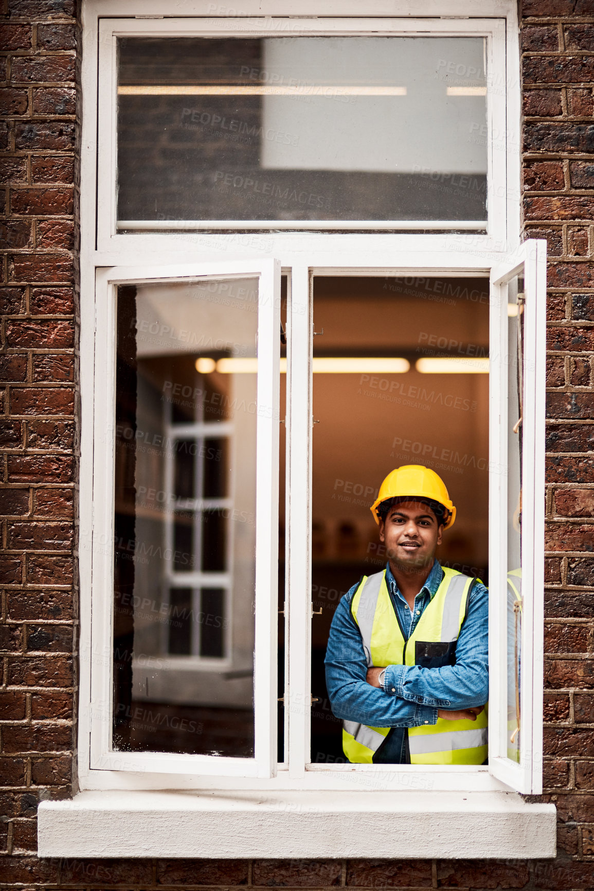 Buy stock photo Portrait, man and engineer with confidence by window of building maintenance, development and labor. Proud, person and arms crossed for engineering ambition, industrial experience and renovation site