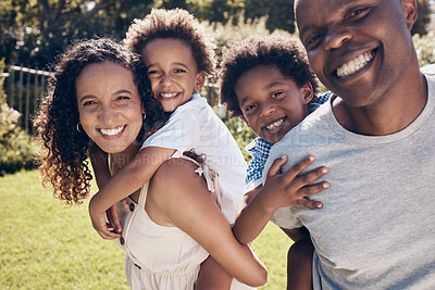 Buy stock photo Happy, garden and portrait of parents with children in backyard for playing, fun and bonding on weekend. Family, smile and African mom, dad and kids for playful relationship, love and piggy back