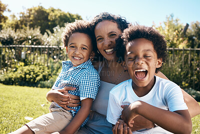 Buy stock photo Black family, portrait and excited on grass for travel, summer vacation and relax with hug. Mother, children and smile in nature park with love, relationship development or happy for holiday in Kenya