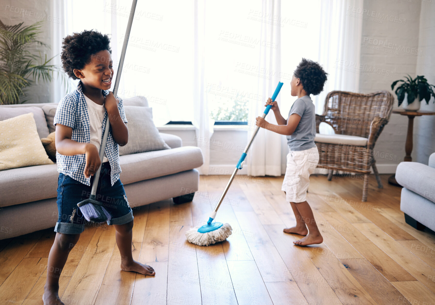 Buy stock photo Home, mop and broom with children for singing, cleaning and fun activity for entertainment in lounge. Kids, siblings and boys with household tools for playful, imaginative and bonding with chores