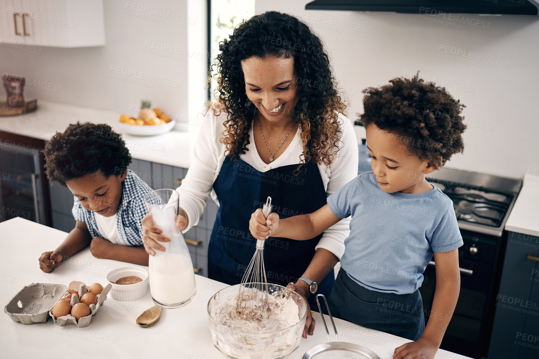 Buy stock photo Woman, children and support in kitchen for baking, teaching and relationship development in home. Mother, kids and cake ingredients at counter for bonding, family recipe or fun activity with learning