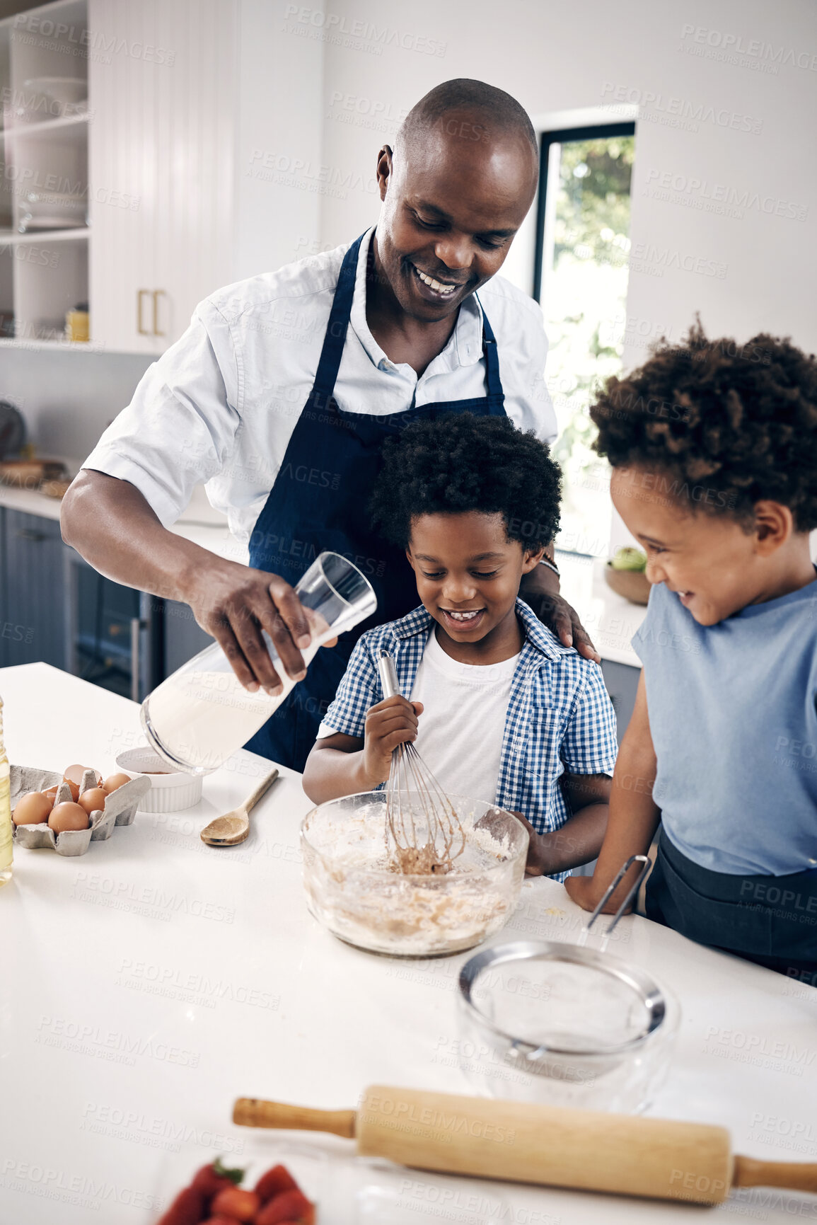 Buy stock photo Baking, children and dad in kitchen, bonding and happy with boys, home and ingredients for dessert. House, black man and teaching of recipe to kids, smile and preparation of cake, love and family