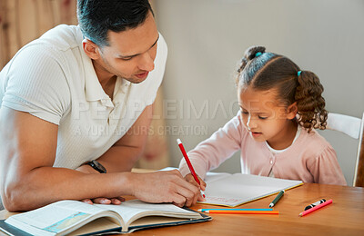 Buy stock photo Dad, child or writing with book for homeschool, learning or education together at home. Father, kid or helping little girl with homework, project or preschool assignment for teaching or tutoring