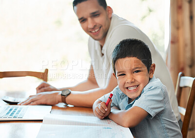 Buy stock photo Portrait, drawing and child with dad, home and happy with crayon for talent, man or education for son. Learning, art and skills for kid with father, family or student with smile for homework in house