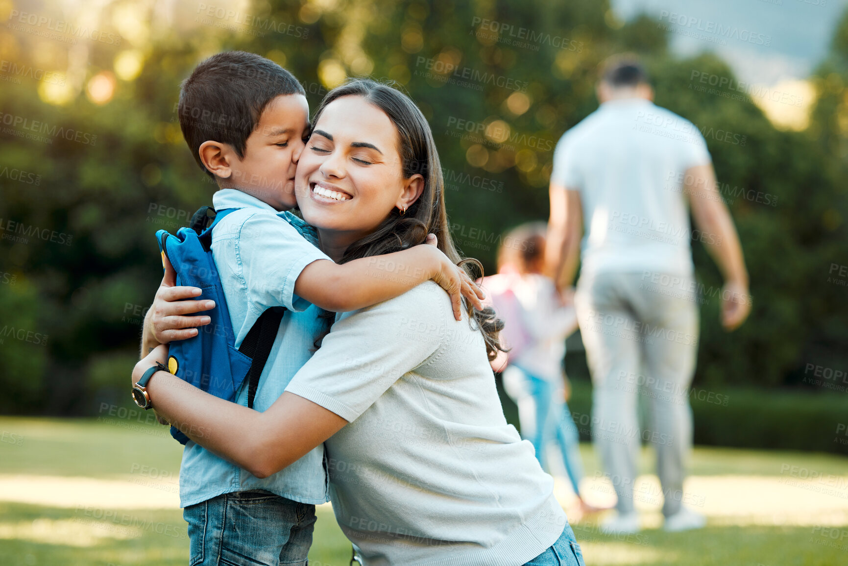 Buy stock photo School backpack, mother and hug kid outdoor for care, love or support for first day with family. Kiss, boy and mom with kindergarten student ready for education, learning or goodbye with happy parent