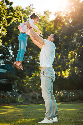 Buy stock photo Flying, father and child with playing in garden for fantasy game, support and trust with weekend fun. Happy people, airplane and imagination activity in backyard for development and bonding by home