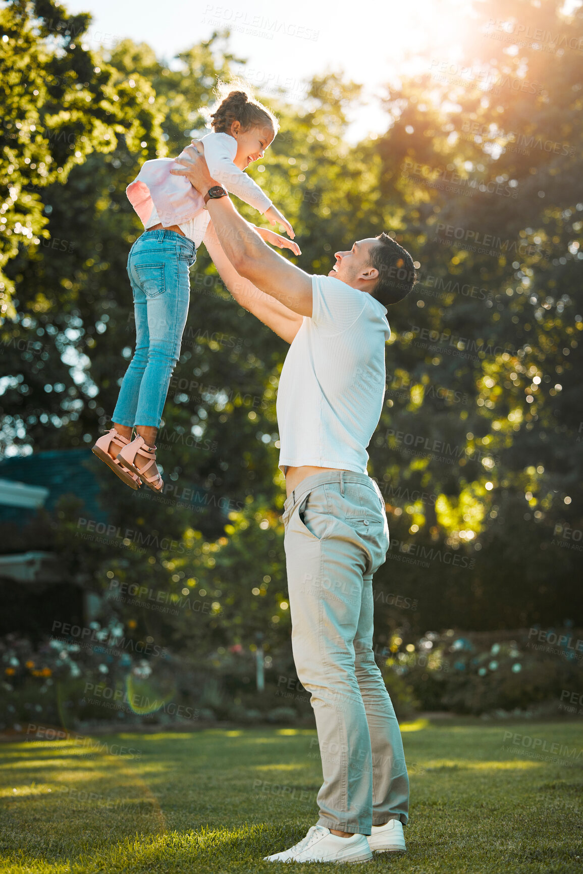 Buy stock photo Flying, father and child with playing in garden for fantasy game, support and trust with weekend fun. Happy people, airplane and imagination activity in backyard for development and bonding by home