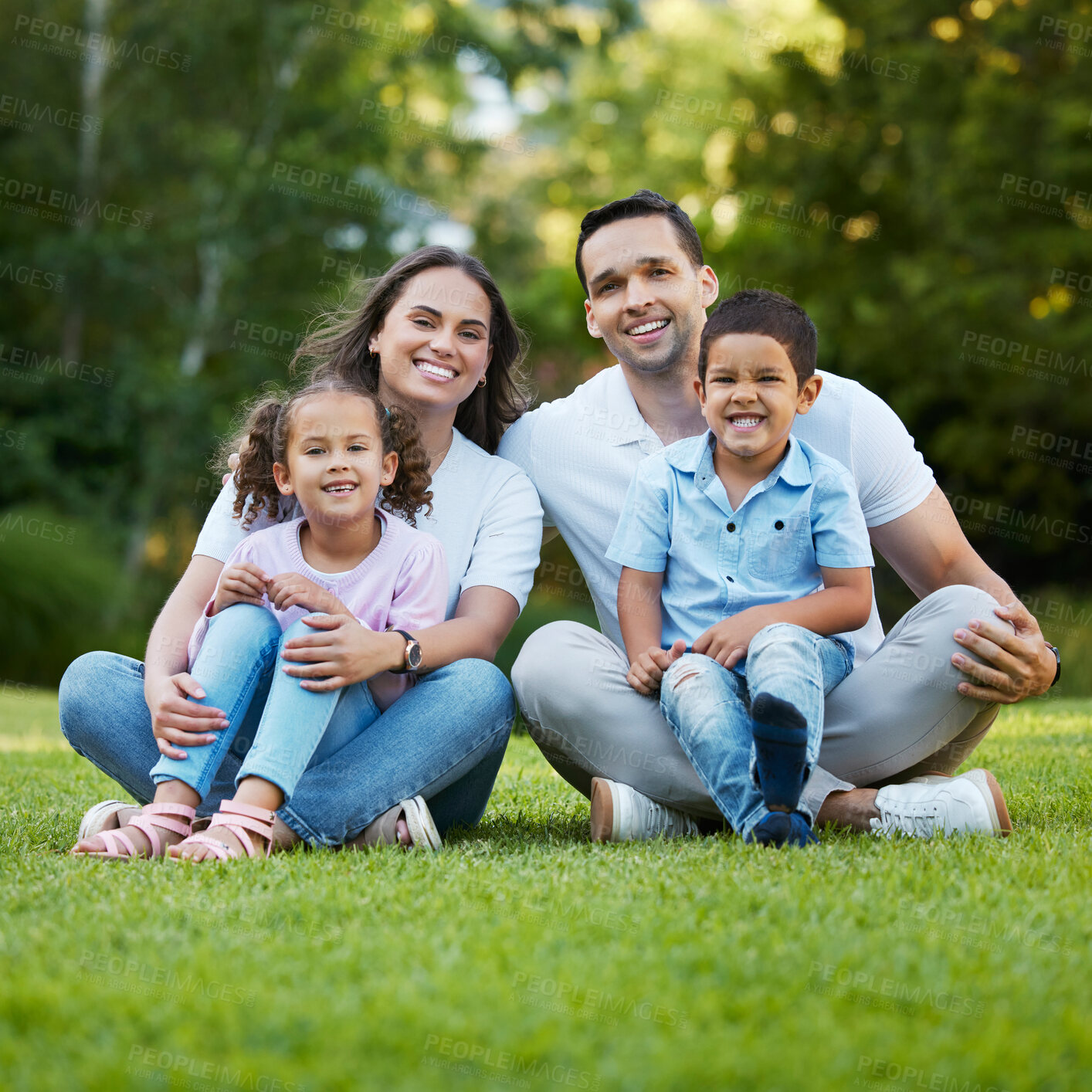 Buy stock photo Parents, children and smile in portrait at park with bonding together, holiday break and support. Happy, people and family relax in nature for travel adventure, relationship and summer fun on grass