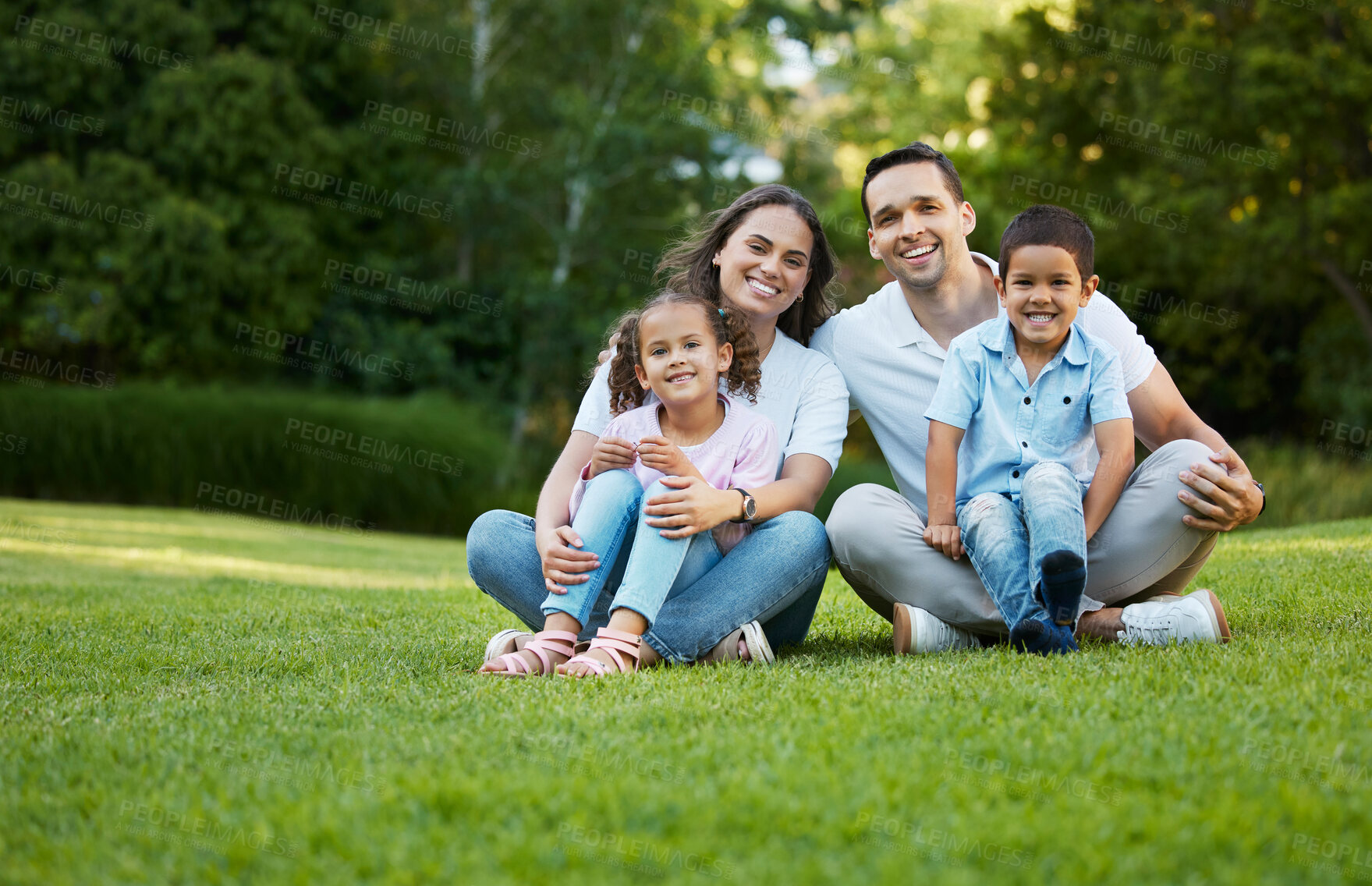 Buy stock photo Kids, portrait or happy family in nature with love, care or smile on grass for bonding together on holiday. Parents, relax and father in garden with children, mother or daughter on outdoor vacation