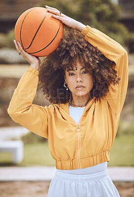 Buy stock photo Basketball court, cool sports woman or fashion with motivation, vision or wellness goal in training, workout or exercise. Fitness portrait of game player, afro black woman or ball competition athlete