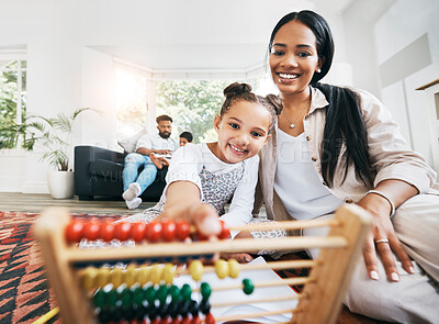 Buy stock photo Happy woman, child or abacus in home for education, counting or math skill development. Learning, mother or daughter in living room for help, lesson or pleased with number toy for assignment progress