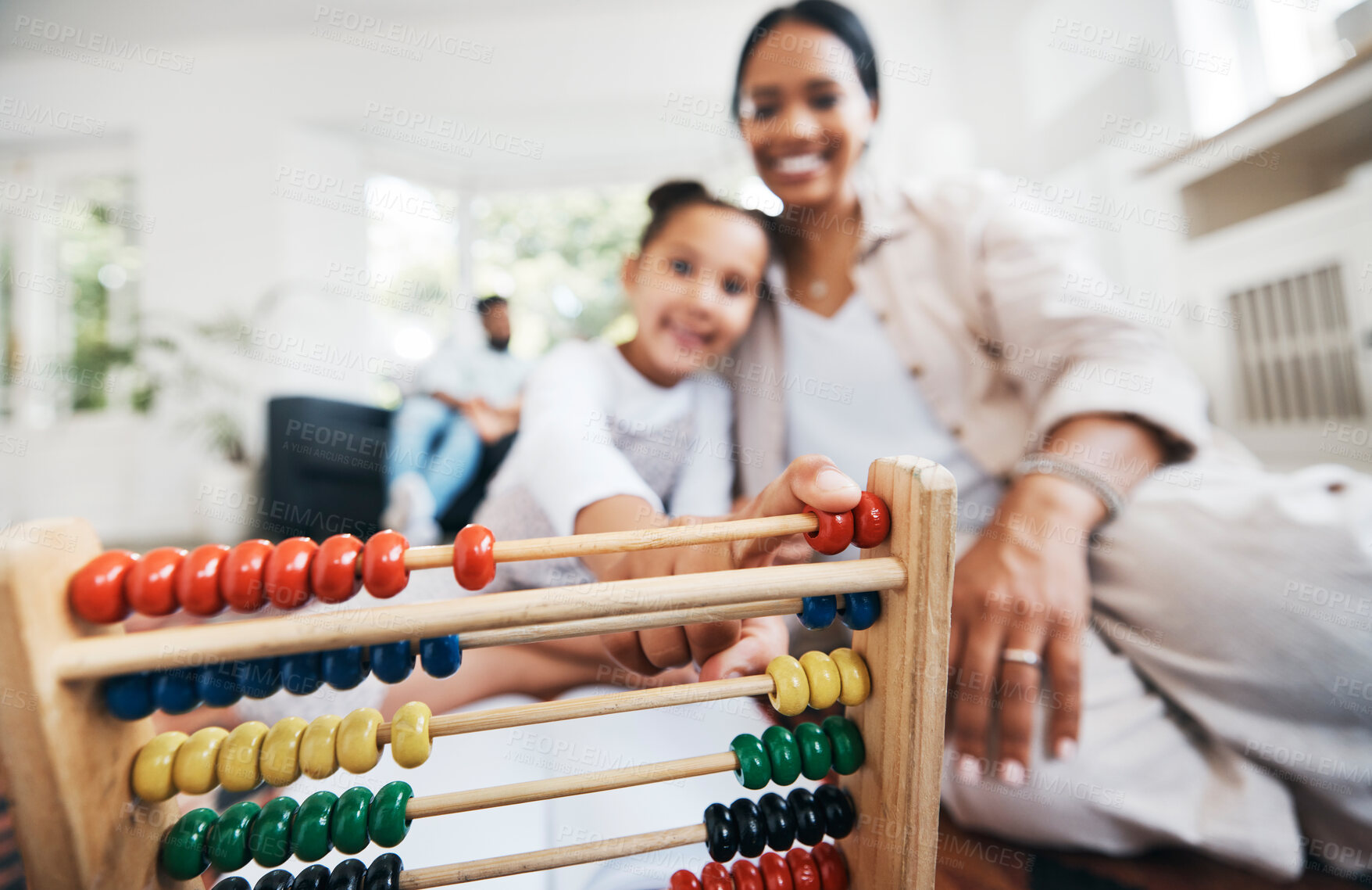 Buy stock photo Woman, kid or abacus in home for education, counting or math skill development. Learning, mother or daughter in living room closeup for help, lesson or homework with numbers toy for school assignment