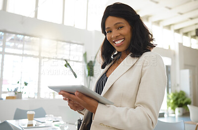 Buy stock photo Office, black woman and portrait with tablet for corporate research, legal aid and proud lawyer. Workplace, female person and happy attorney with digital for business, justice case and professional