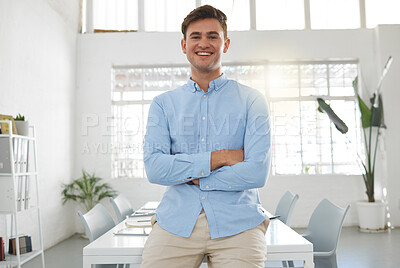Buy stock photo Office, man and portrait with arms crossed for interior designer, staging property or pride for career. Smile, male person or happy decorator with confidence for sale, workspace or real estate market