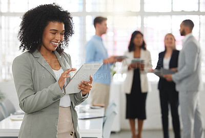 Buy stock photo Office, businesswoman and scroll with tablet for meeting, corporate planning and check online for notes. Boardroom, employees and team leader with digital for agenda, project management and schedule