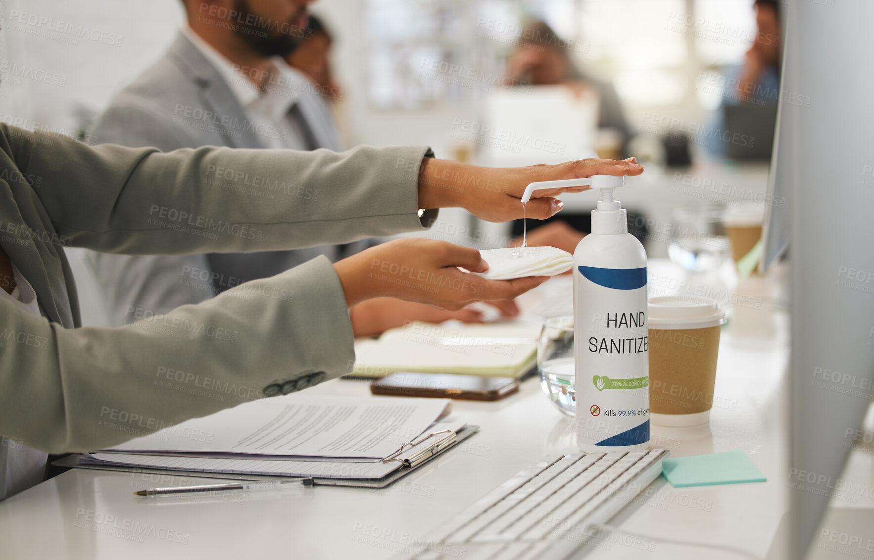 Buy stock photo Woman, hands and bottle in office with sanitizer, disinfectant gel or covid compliance for virus prevention at tech. Admin person, pump or tissue in coworking space with sterilizer, safety or hygiene