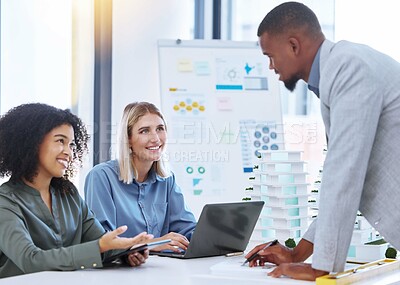 Buy stock photo Business people planning in collaboration in meeting, writing on paperwork and working on laptop in office at work. Creative teamwork for strategy, team with corporate goal and soltuion for success