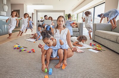 Buy stock photo Meditation, calm and excited family children with high energy, have fun and running in living room. Multitasking relax dad, crazy kids playing and yoga mom meditate for peace, zen or mindset wellness