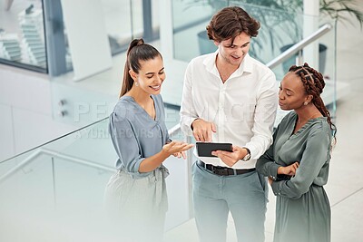 Buy stock photo Marketing collaboration, tablet teamwork and office employees look at idea for digital advertising campaign presentation. Group feedback, workers consult mentor and talk together on workplace stairs 