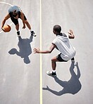 Basketball and basketball player on the court from above for a game during summer for fitness and sport. Sports, active and youth playing competitive match for cardio, stamina and  tournament 