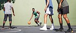 Sports, training and teamwork with man on basketball court for fitness, workout and exercise. Cardio, summer and friends with basketball player for energy, stamina and endurance in competition games