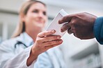 Pharmacy, medication box and pharmacist helping a patient with medical prescription at clinic. Medicine, healthcare and guy getting pills, cure or treatment at a pharmaceutical drug store or chemist.