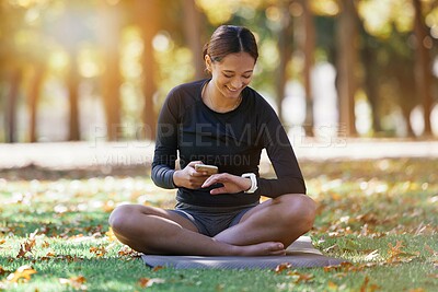 Buy stock photo Fitness, phone and woman with watch in nature to track training time, workout schedule and progress in Australia. Communication, health and athlete with mobile and smart watch for exercise in a park