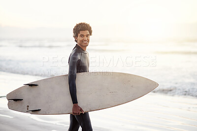 Buy stock photo Surfer, surfboard or happy man portrait at sea for fitness training, workout or sports exercise at sunrise. Healthy athlete surfing with freedom on fun holiday vacation alone on beach sand or nature