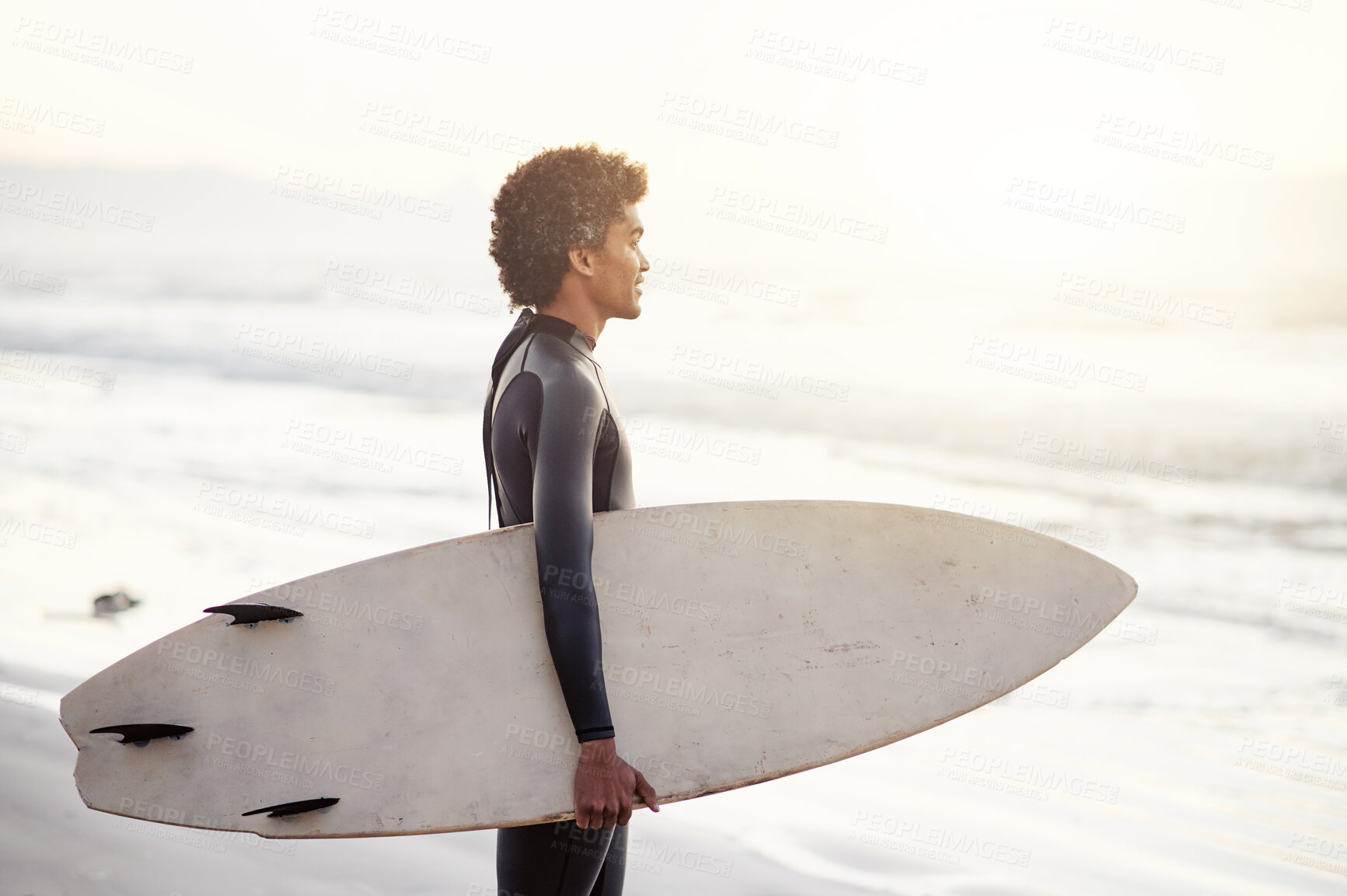 Buy stock photo Man, surfboard or surfer at beach for fitness training, workout or sports exercise at sunrise. Healthy athlete ready for surfing, looking or searching for waves on holiday vacation alone at sea