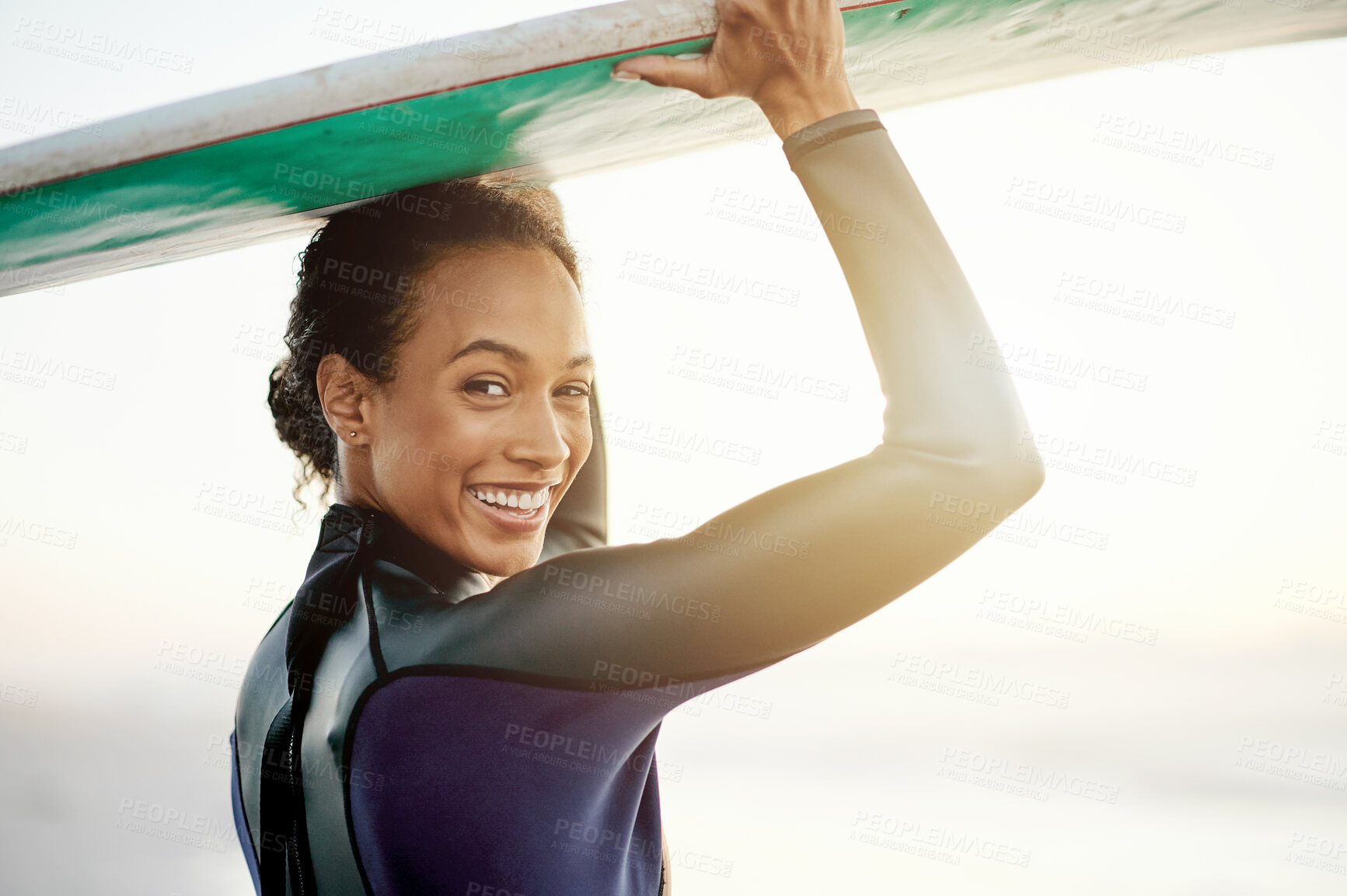 Buy stock photo Smile, surfer or portrait of woman at sea for fitness training, workout or sports exercise at sunset. Surfing, surfboard or happy mixed race athlete smiling on fun summer holiday vacation on beach