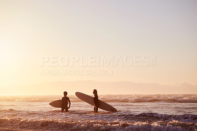 Buy stock photo Sunset, beach and silhouette of men with surfboard walking in waves together on surf holiday in Hawaii. Surfer friends in mockup, water and freedom on surfing vacation adventure and ocean lifestyle.