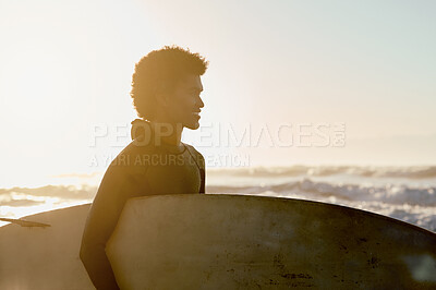 Buy stock photo Mockup, beach and man with surfboard, fitness and sunset with exercise, fresh air and healthy lifestyle. Male athlete, guy and surfer on vacation, training and practice for wellness, calm and holiday