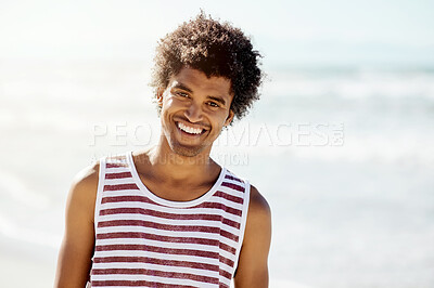 Buy stock photo Portrait, happy and summer with a black man on the beach for a holiday or vacation as a tourist during travel. Face, smile and relax with a handsome young male traveler enjoying tourism in nature